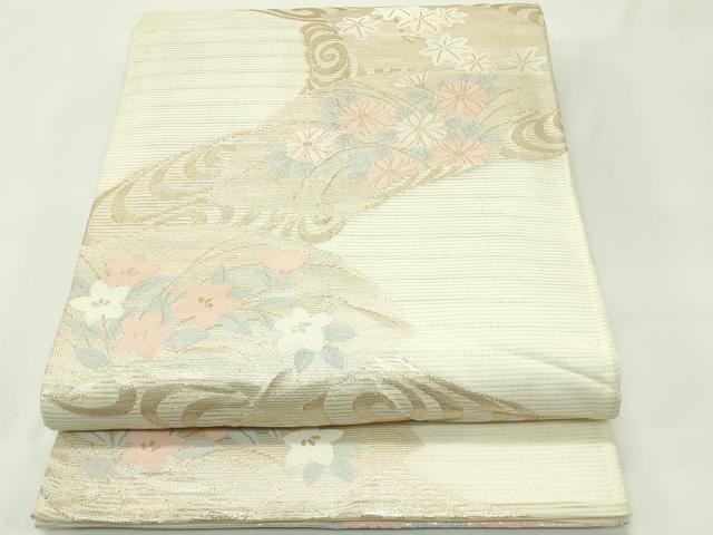 平和屋着物＊夏物 六通柄袋帯 流水地紙草花文 金糸 正絹 逸品 CABF4661rv