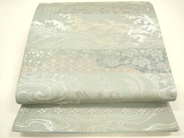 平和屋着物＊夏物　六通柄袋帯　流水唐草文　銀糸　正絹　逸品　DABA0665cm
