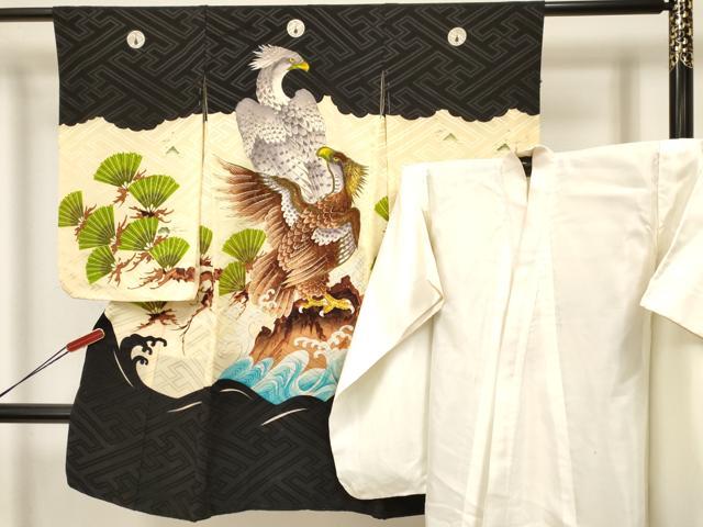 平和屋着物[]七五三　男の子　祝着・長襦袢(袷)セット　刺繍　鷹　鷲　立波松文　金彩　洗える着物　DABA3536ma