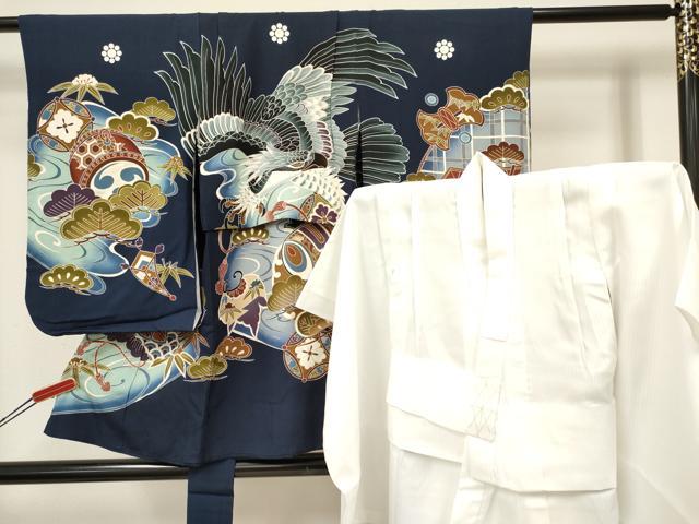 平和屋着物[]七五三　男の子　祝着・長襦袢(袷)セット　鷹　鷲　打ち出の小槌　笹松文　暈し染め　金銀..