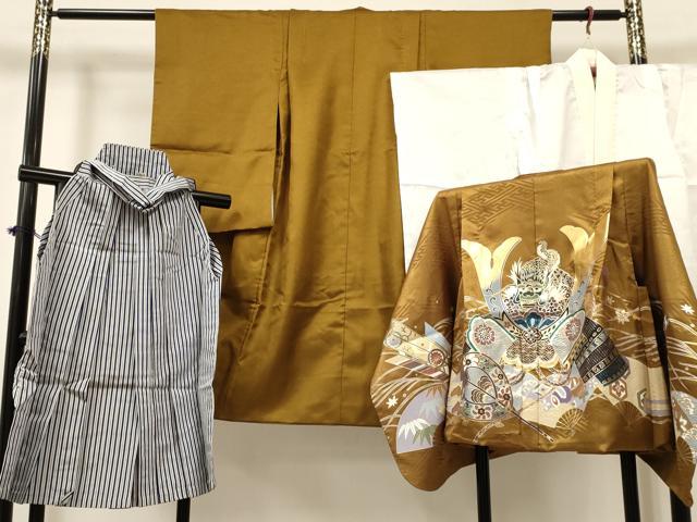 平和屋着物[]七五三　男の子　祝着・羽織・長襦袢(単衣)・行灯袴セット　龍　兜　扇面吉祥文　金銀彩　DABA3542ma