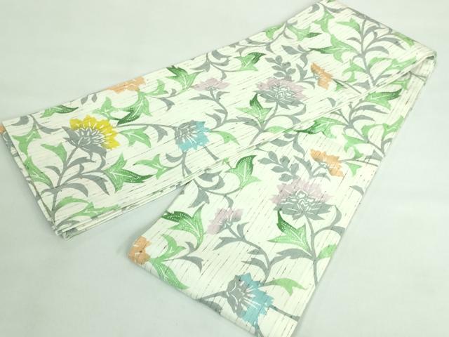 平和屋着物■極上　半幅帯　型染め　ぜんまい紬　更紗花文　逸品　未使用　DZAA6711kh5