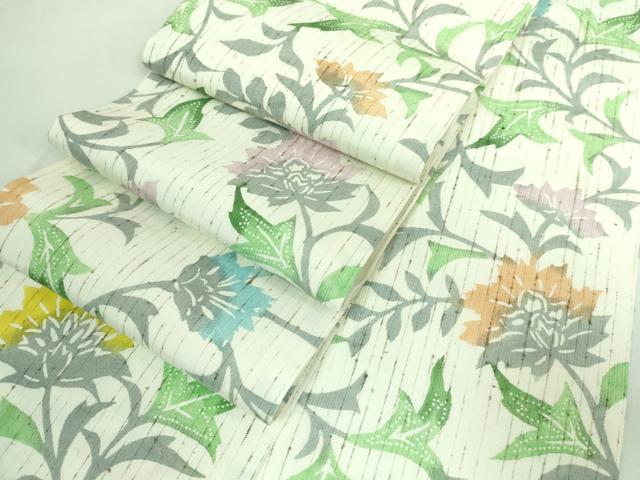 平和屋着物■極上　半幅帯　型染め　ぜんまい紬　更紗花文　逸品　未使用　DZAA6711kh5