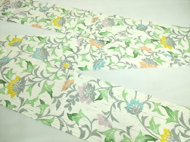 平和屋着物■極上　半幅帯　型染め　ぜんまい紬　更紗花文　逸品　未使用　DZAA6711kh5
