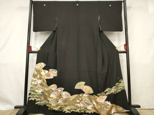 平和屋着物■豪華黒留袖 松寿染 流水舞扇花鳥文 金彩 正絹 逸品 AAAP1723br 平和屋着物■豪華黒留袖 松寿染 流水舞扇花鳥文 金彩 正絹 逸品 AAAP1723br