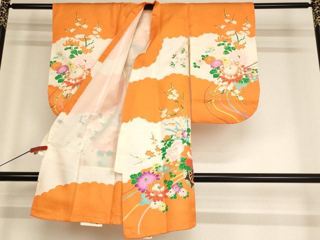 平和屋着物[]七五三　女の子　3歳　祝着　一つ身　長襦袢(無双仕立て)セット　駒刺繍　花車文　金彩　逸品　AABF2156ja
