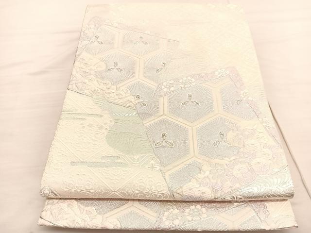 平和屋着物◎六通柄袋帯　唐織　色紙重ね亀甲花文　銀糸　正絹　逸品　BAAV1899hv