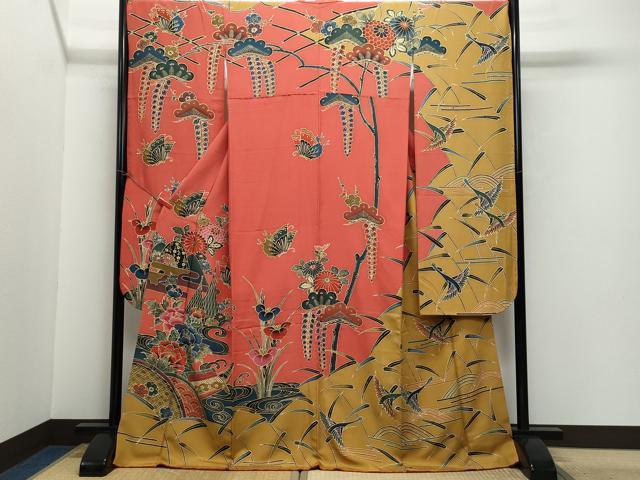 平和屋着物●豪華振袖 型染め 紅型 舞蝶風景花鳥文 正絹 逸品 CAAV6614vf