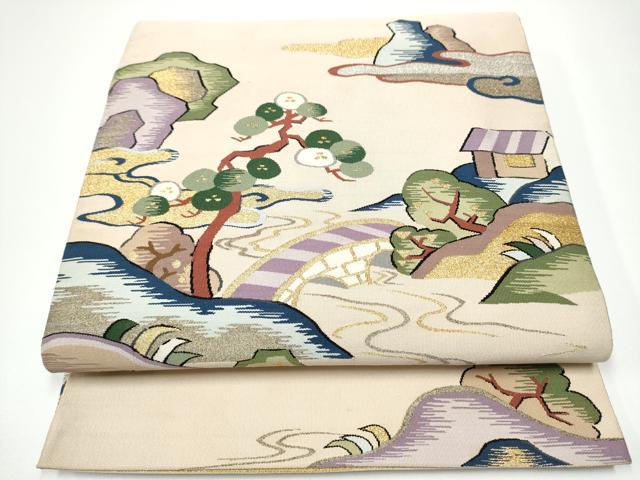 Rakuten - 平和屋着物●爪掻き本綴れ　太鼓柄袋帯　流水風景文　金糸　正絹　逸品　CABF8765hy