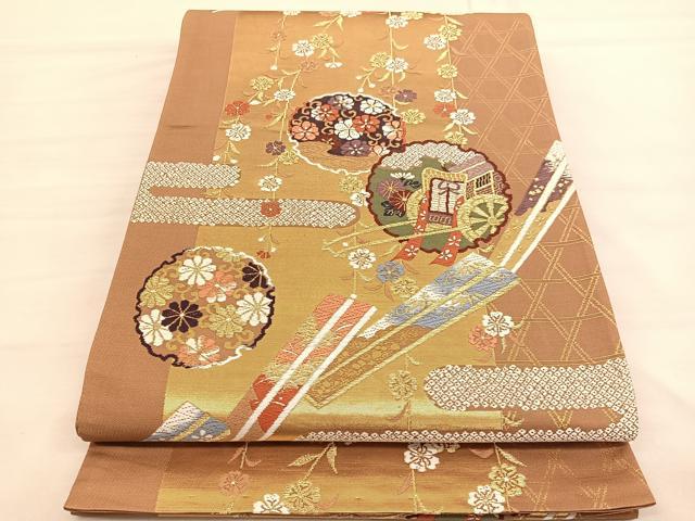平和屋着物◎六通柄袋帯　唐織　扇雪輪御所車花文　金糸　正絹　逸品　BAAV1779hv
