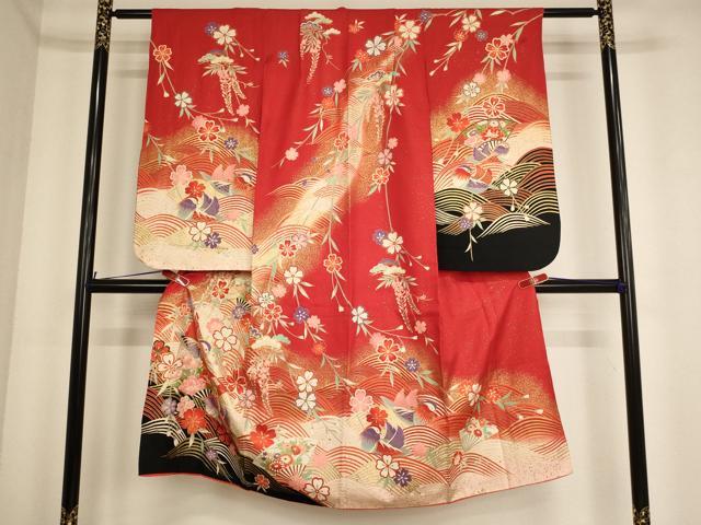 乐天商城 - 平和屋着物[]七五三　女の子　7歳　祝着　四つ身　舞扇鴛鴦花文　暈し染め　金彩　正絹　逸品　AABF2160ja