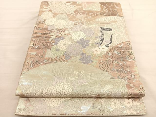 Other - 平和屋着物◎六通柄袋帯　唐織　扇面色紙に草花文　金銀糸　正絹　逸品　BAAV1805hv