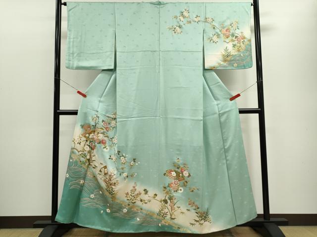 平和屋着物■訪問着　駒刺繍　扇面枝花文　暈し染め　金銀彩　正絹　逸品　CABD9980ze