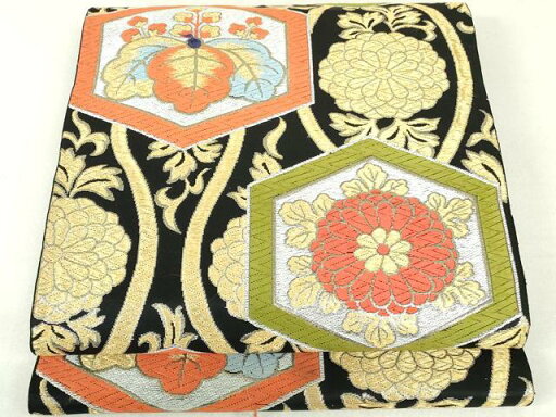 平和屋着物◎六通柄袋帯 唐織 立涌亀甲花文 黒地 金銀糸 正絹 逸品 DAAU1853xg 平和屋着物◎六通柄袋帯 唐織 立涌亀甲花文 黒地 金銀糸 正絹 逸品 DAAU1853xg