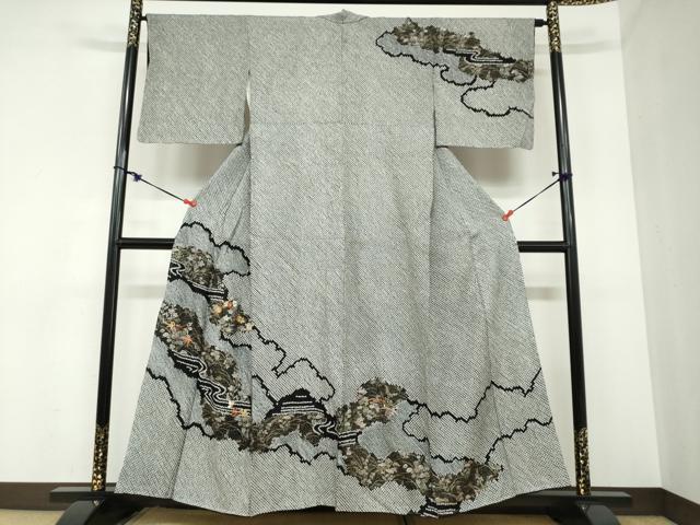 Kimono - 平和屋着物●訪問着　総絞り　駒刺繍　雲霞流水草花文　黒地　金彩　正絹　逸品　DABB0925ud