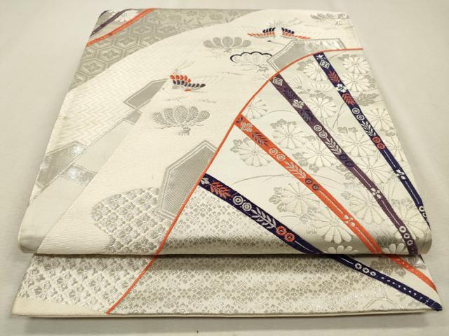 平和屋着物◎六通柄袋帯　唐織　飛鶴花文　銀糸　正絹　逸品　CAAV0107qe