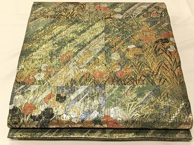 平和屋着物◎六通柄袋帯　市松草花文　金銀糸　正絹　逸品　CAAV1916qv