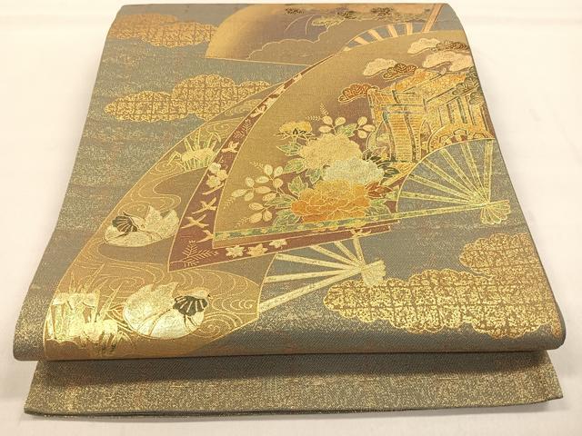 平和屋着物◎太鼓柄袋帯　扇面御所車鴛鴦くさば文　金彩　正絹　逸品　CAAL5869kb