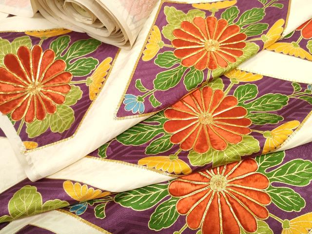 平和屋着物▼振袖　解き反物　着尺　駒刺繍　菱菊文　逸品　DABD8063zzz
