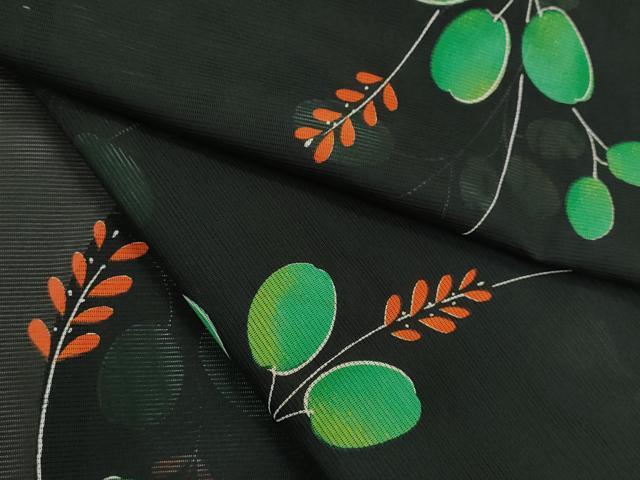 平和屋着物＊夏物　小紋　絽　枝葉文　黒地　洗える着物　CABB2191ze