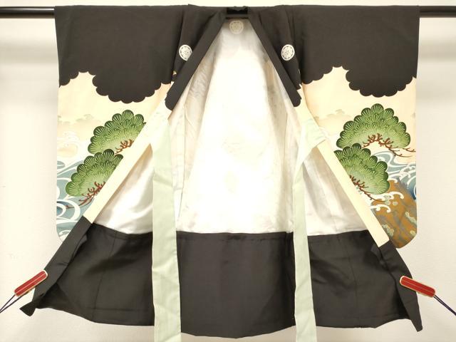平和屋着物[]七五三　男の子　祝着・長襦袢(袷)セット　駒刺繍　鷹　鷲　風景立波松文　金彩　逸品　DABA3956ma