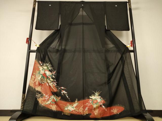 平和屋着物＊夏物　黒留袖　絽　花車文　金彩　AABF2810jd