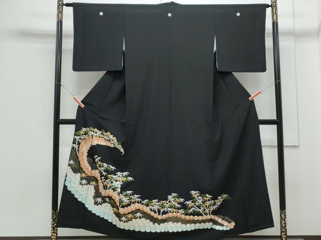 平和屋着物▼豪華黒留袖　総刺繍　笹竹花文　金銀糸　正絹　逸品　CABA6582th