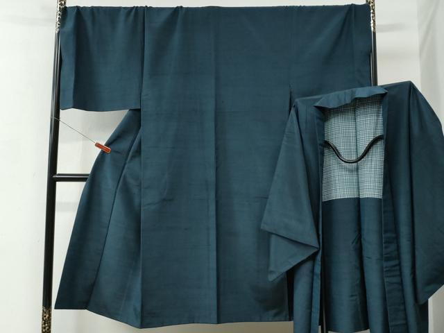 平和屋着物●男性　紬　アンサンブル　色無地　紺地　キングサイズ　正絹　逸品　CABC7162yc