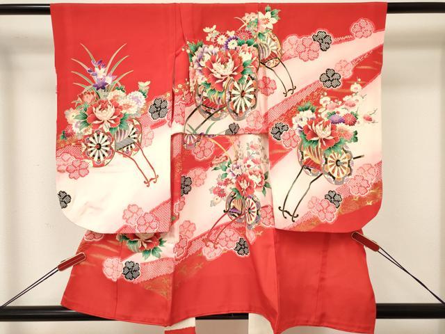 平和屋着物[]七五三　女の子　3歳　祝着　三つ身　駒刺繍　花車文　暈し染め　金彩　逸品　DAAY3495ma