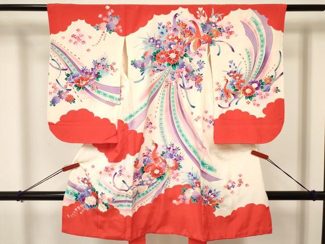 平和屋着物[]七五三　女の子　3歳　祝着　三つ身　駒刺繍　孔雀花文　暈し染め　金銀彩　逸品　DAAY3498ma