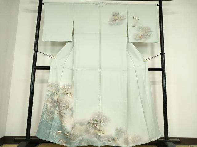 Rakuten - 平和屋着物▽訪問着　単衣　水辺風景片輪車花文　暈し染め　金彩　正絹　逸品　DABE4416az