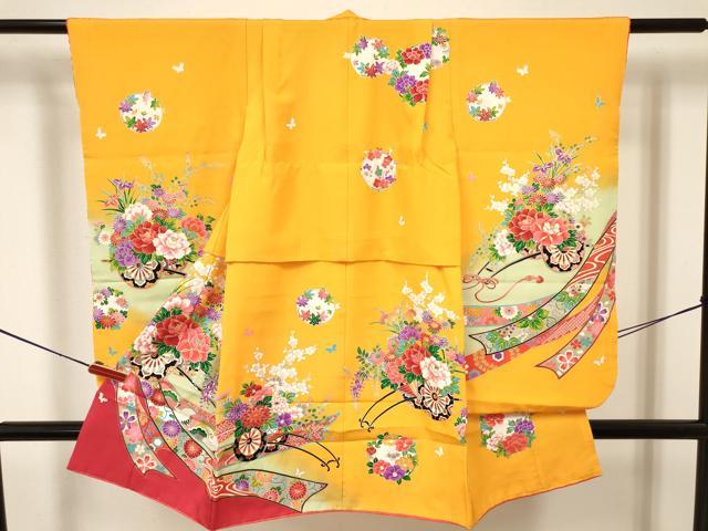 平和屋着物[]七五三　女の子　3歳　祝着　三つ身　舞蝶飛鶴花車文　暈し染め　金銀彩　逸品　DAAY3507ma