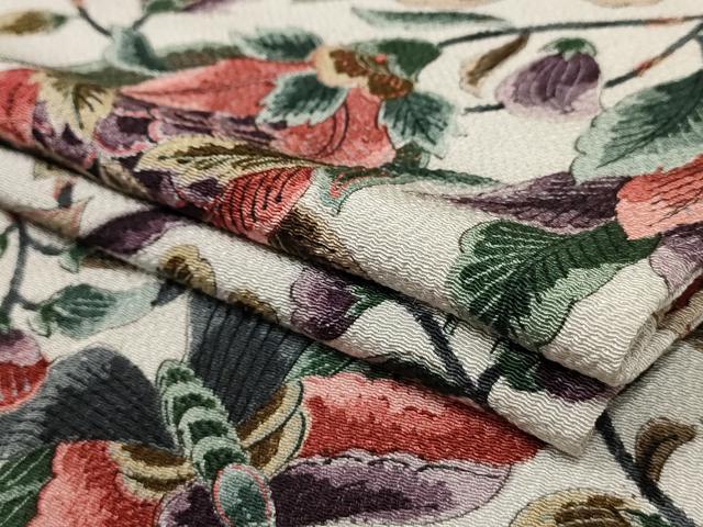 平和屋着物▽上質な小紋　単衣　更紗花蝶文　鬼しぼ縮緬　正絹　逸品　AAAU6451iu