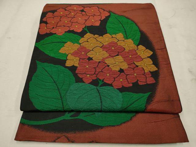 平和屋着物◎六通柄袋帯　紫陽花　黒地　正絹　逸品　CAAV0332qe
