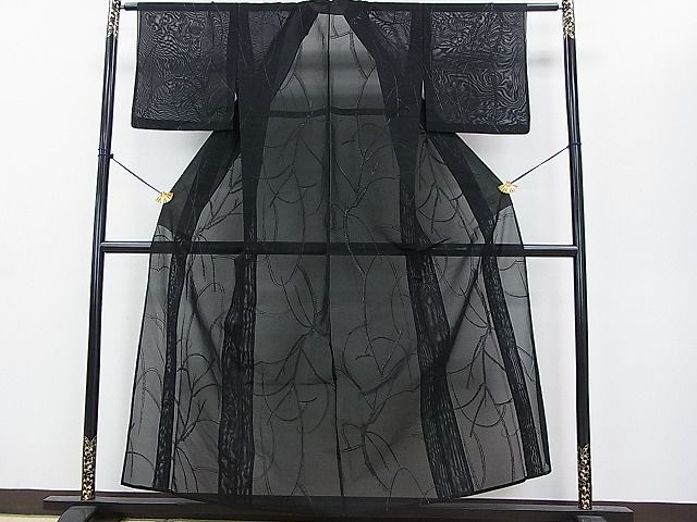 平和屋着物■夏物 小紋 紗 枝葉文 黒地 逸品 DAAE3475fe