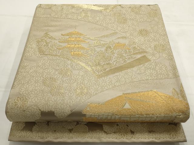 平和屋着物▼六通柄袋帯 地紙風景花文 金糸 正絹 逸品 AABD3085wj