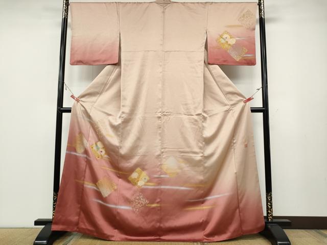 平和屋着物●人間国宝　福田喜三郎　中国三大刺繍　相良刺繍　訪問着　色紙花文　暈し染め　金彩　正絹　逸品　CABA1981ut