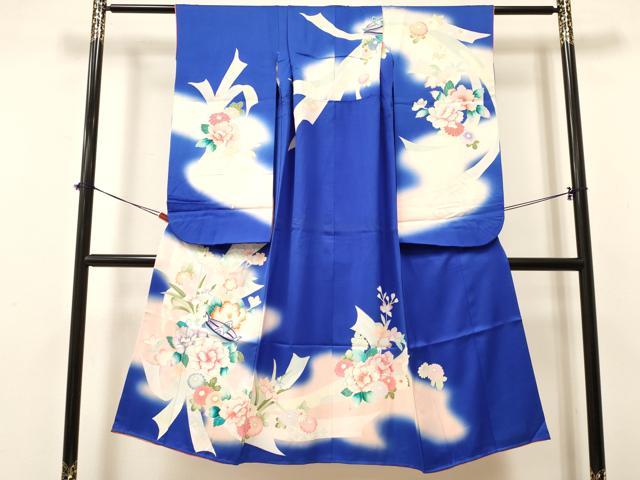 平和屋着物[]七五三　女の子　7歳　祝着　四つ身　糸車　熨斗牡丹花文　暈し染め　金彩　逸品　DABA352..