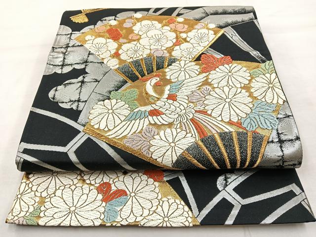 平和屋着物◎六通柄袋帯　唐織　扇面花鳥文　金糸　正絹　逸品　BAAL7827cm