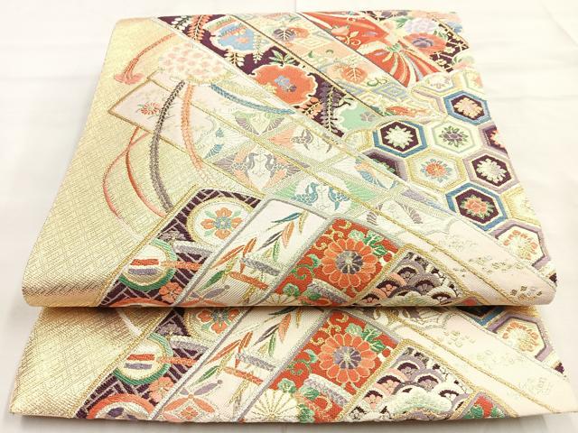 平和屋着物◎六通柄袋帯　唐織　檜扇花鳥文　金糸　正絹　逸品　BAAL7883cm