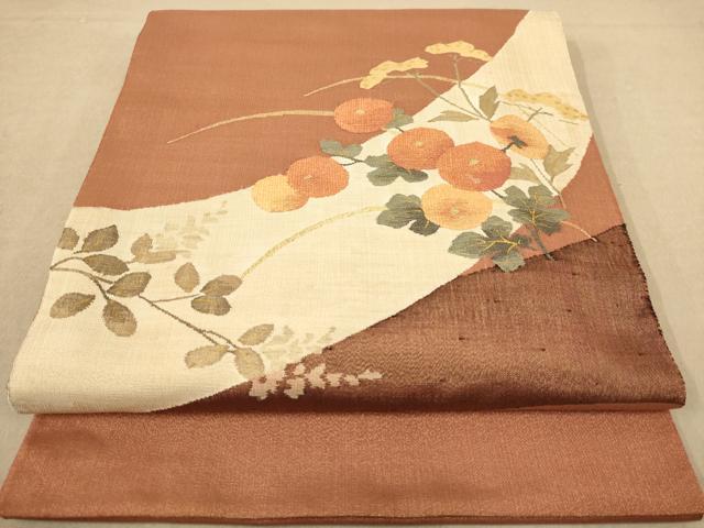 平和屋着物◎太鼓柄袋帯 草花文 金糸 正絹 逸品 AABC1556dt
