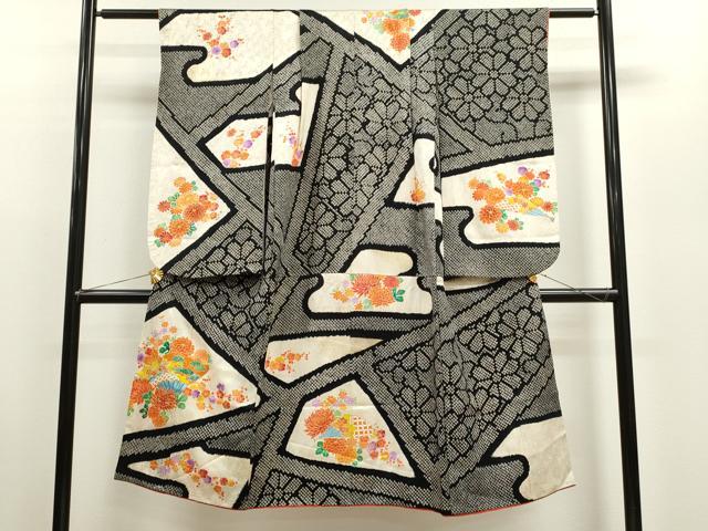 平和屋着物[]七五三　女の子　7歳　祝着　四つ身　駒刺繍　絞り　扇面草花文　黒地　金彩　逸品　CAAZ7097ze