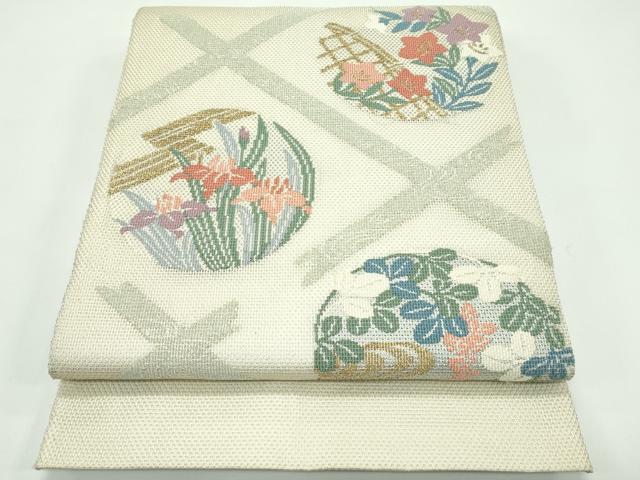 平和屋着物＊夏物 太鼓柄袋帯 秋草丸文 金銀糸 正絹 逸品 CABF4717rv