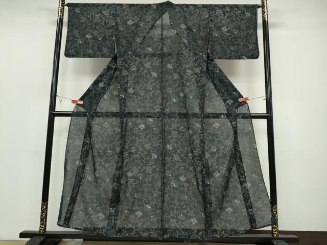 平和屋着物＊夏物　小紋　絽　花唐草文　黒地　洗える着物　CAAW3054ut