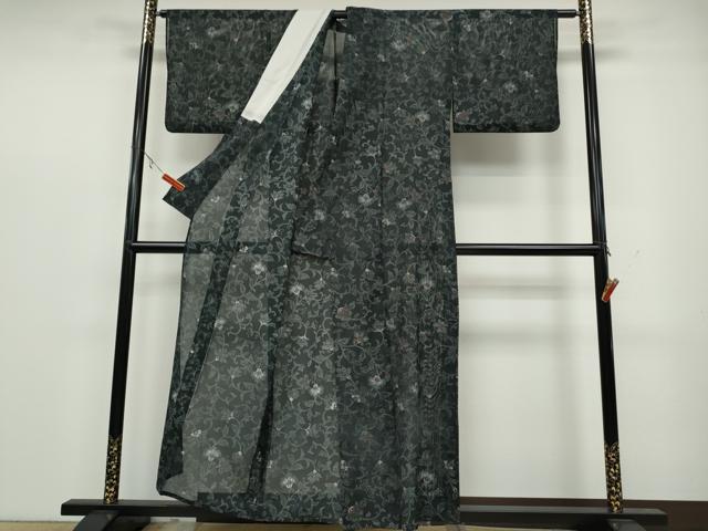 平和屋着物＊夏物　小紋　絽　花唐草文　黒地　洗える着物　CAAW3054ut