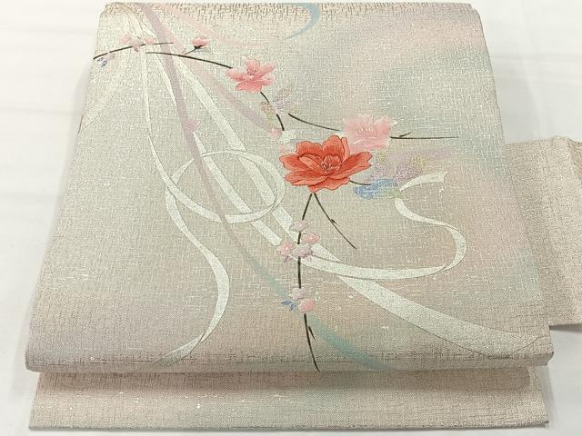 平和屋着物◎九寸名古屋帯　刺繍　熨斗花文　銀糸　銀彩　正絹　逸品　AABG0184uk