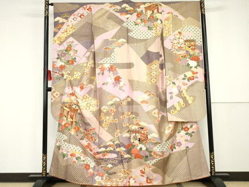平和屋着物●豪華振袖 駒刺繍 御所車貝桶吉祥花文 金彩 正絹 逸品 AAAP5671cs 平和屋着物●豪華振袖 駒刺繍 御所車貝桶吉祥花文 金彩 正絹 逸品 AAAP5671cs