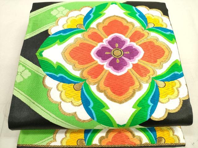 平和屋着物◎六通柄袋帯　唐織　正倉院花文　黒地　金糸　正絹　逸品　DAAX2432xg