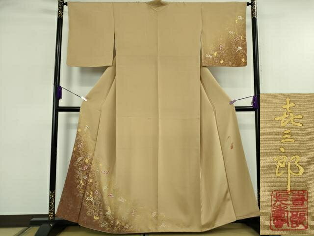 平和屋本店●極上　人間国宝　福田喜三郎　訪問着　刺繍　葡萄唐草文　暈し染め　飴色地　金糸　逸品　DZAB6753kh6