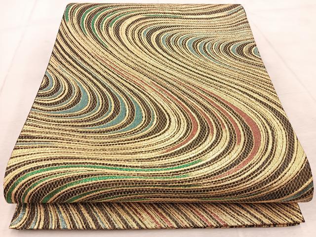 平和屋着物◎全通柄袋帯　流水文　黒地　金糸　正絹　逸品　BAAV4837yc